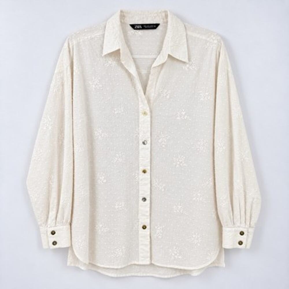 Zara Button Up Shirt White Medium Floral Embroidered Swiss Dot Cotton Minimalist